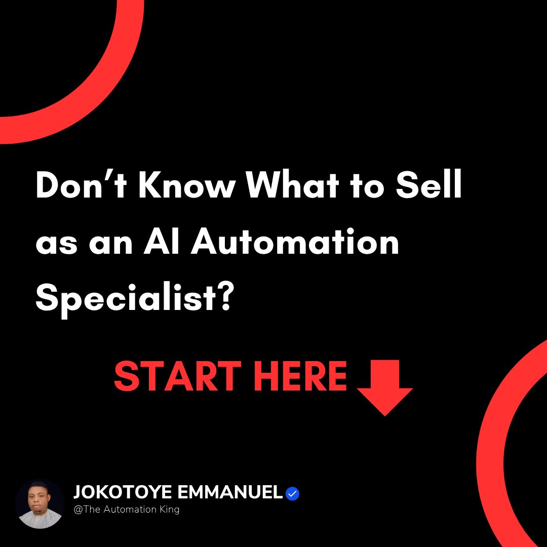 AutomationKing0's tweet photo. You’ve learnt AI. You’ve built workflows. Yet no Client. EP 1

Now you call yourself an AI Automation Specialist.
But when it’s time to close a client?
You freeze.
Because you don’t know what to sell or where to find who to sell to.

Let me settle it for you today. Let’s go👇 https://t.co/YEBI0D59cX