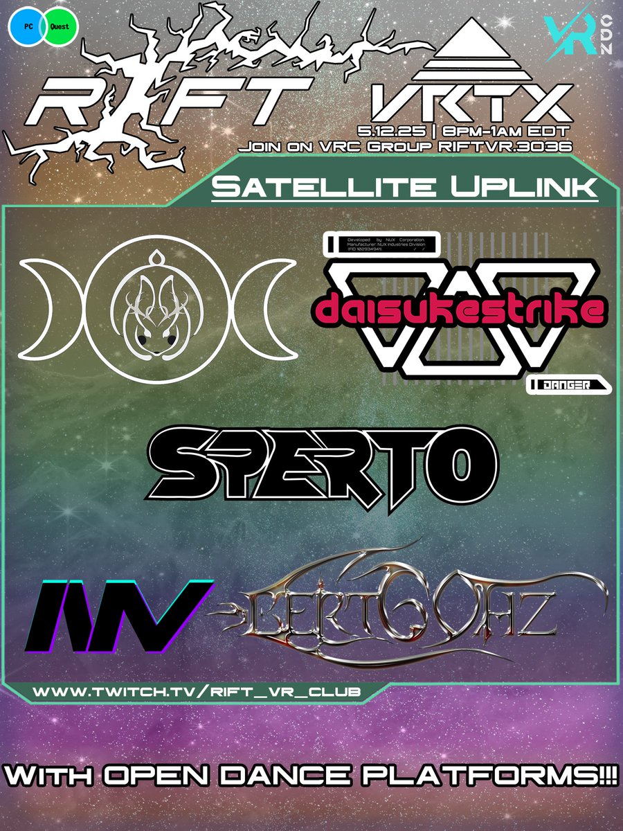 Time for an overdue mainline RIFT event! We're joined again by <a href="/VRTX_HTX/">VRTX</a> to throw down with a lineup of DJs who've never spun with us before! So come by on May 16th at 8pm EST and check them out! Also, this time around the dancer platforms are open for anyone to dance on!!