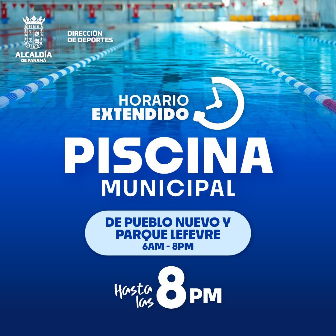 Panamaalcaldia's tweet image. ¡Más tiempo para nadar, ejercitarte y disfrutar!
La Piscina Municipal de Pueblo Nuevo y Parque Lefevre ahora tiene horario extendido:
De 6:00 a.m. a 8:00 p.m.