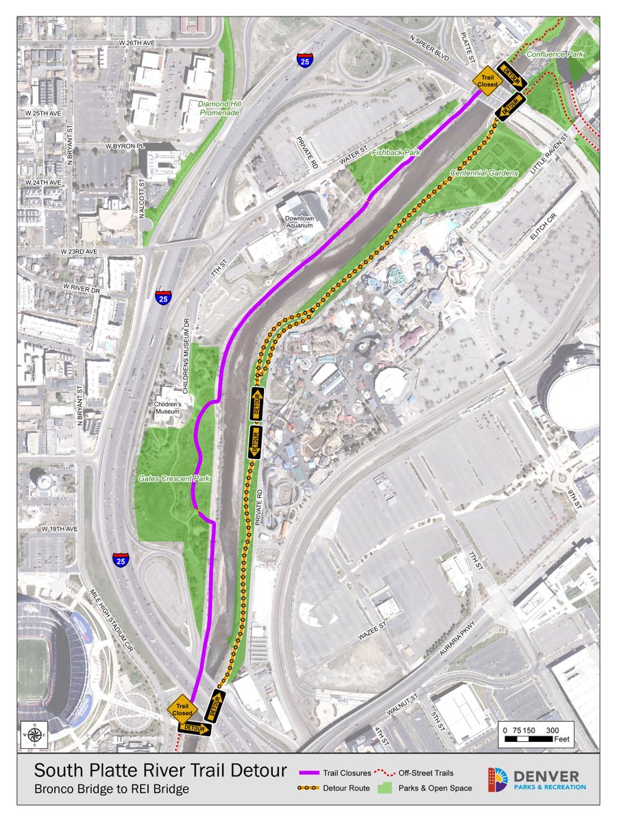 Denver Parks & Recreation (@denverparksrec) on Twitter photo TRAIL DETOUR | May 13, 2025: For the remainder of the week, a section of the South Platte River Trail from the Broncos Stadium Bridge to the Bridge near REI at Confluence Park is temporarily closed while <a href="/DenverDOTI/">Denver Dept of Transportation & Infrastructure</a> works to repair a broken pipe across the trail. TRAIL DETOUR | May 13, 2025: For the remainder of the week, a section of the South Platte River Trail from the Broncos Stadium Bridge to the Bridge near REI at Confluence Park is temporarily closed while <a href="/DenverDOTI/">Denver Dept of Transportation & Infrastructure</a> works to repair a broken pipe across the trail.