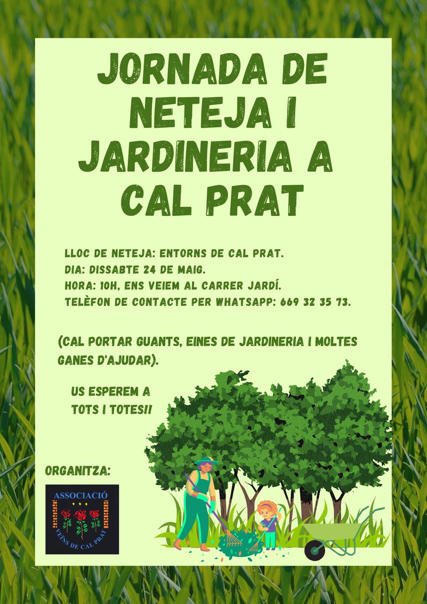 Associacioveins's tweet image. JORNADA DE NETEJA I JARDINERIA A CAL PRAT:
Dissabte dia 24 de maig es farà una jornada de neteja i jardineria a l'entorn de Cal Prat, obert a tothom.
Tota l'informació la podeu trobar al programa. 👇
US ESPEREM A TOTS I TOTES!! 🧑🌾