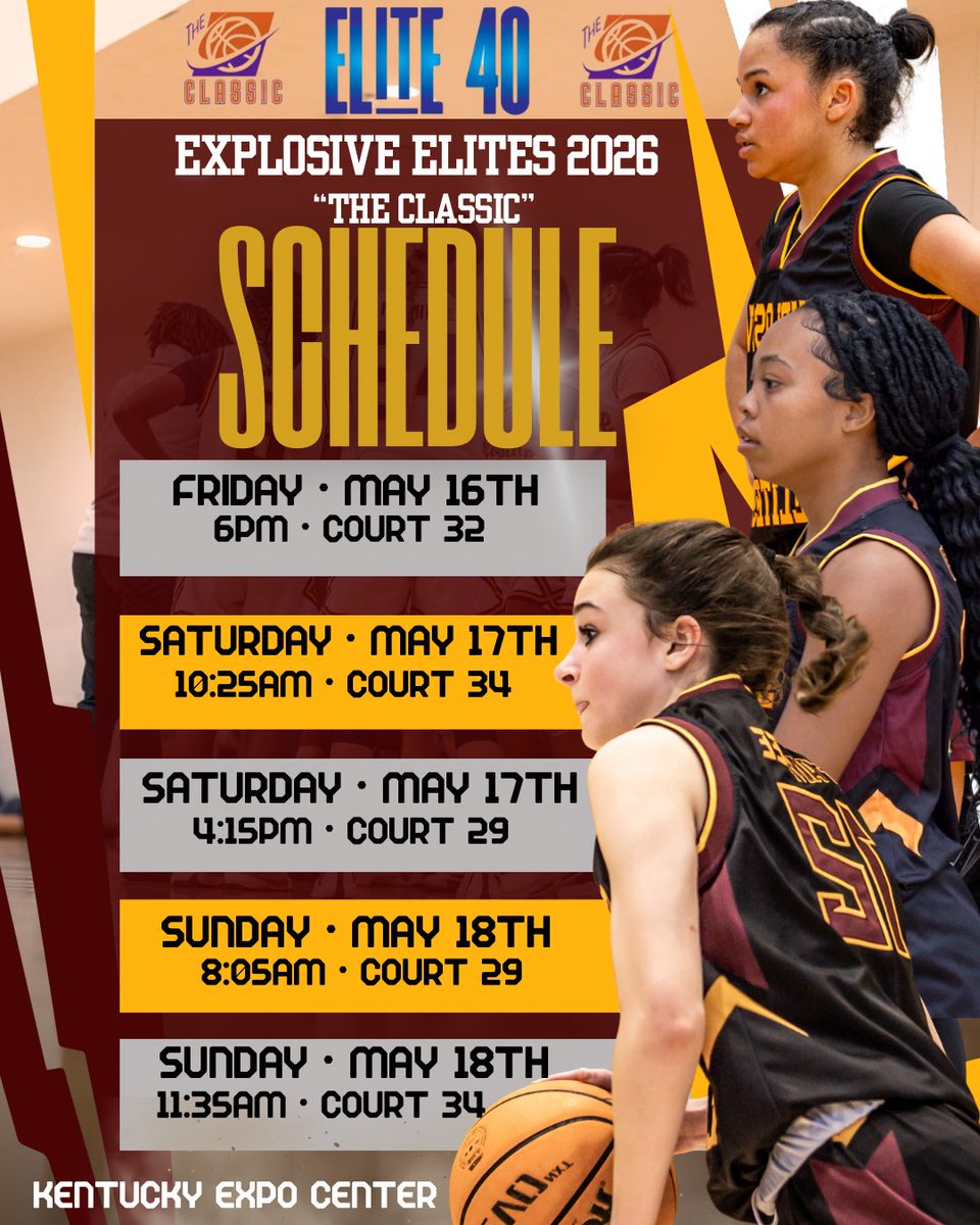 Explosive_elites (@explosiveelites) on Twitter photo NCAA Eval period #2 Loading! Here’s our “The Classic”, schedule for our 2026 EE team this weekend. <a href="/Ohio_Basketball/">OhioBasketball.com</a> <a href="/Elite40League/">Elite 40 League</a>
<a href="/LeeUWBB/">Lee Women's Basketball</a> <a href="/moreid_thatsme/">Coach Mo Reid</a> <a href="/Longrangebomba/">Allison Clark</a> <a href="/CoachToddWebb/">Todd Webb</a> <a href="/_CoachChan/">Chandler Merkerson</a> <a href="/coachmcguire/">Mike McGuire</a> <a href="/Coach_J_Ashley/">Josh Ashley</a> <a href="/BlueHoseWBB/">Presbyterian College Women’s Basketball</a> NCAA Eval period #2 Loading! Here’s our “The Classic”, schedule for our 2026 EE team this weekend. <a href="/Ohio_Basketball/">OhioBasketball.com</a> <a href="/Elite40League/">Elite 40 League</a>
<a href="/LeeUWBB/">Lee Women's Basketball</a> <a href="/moreid_thatsme/">Coach Mo Reid</a> <a href="/Longrangebomba/">Allison Clark</a> <a href="/CoachToddWebb/">Todd Webb</a> <a href="/_CoachChan/">Chandler Merkerson</a> <a href="/coachmcguire/">Mike McGuire</a> <a href="/Coach_J_Ashley/">Josh Ashley</a> <a href="/BlueHoseWBB/">Presbyterian College Women’s Basketball</a>
