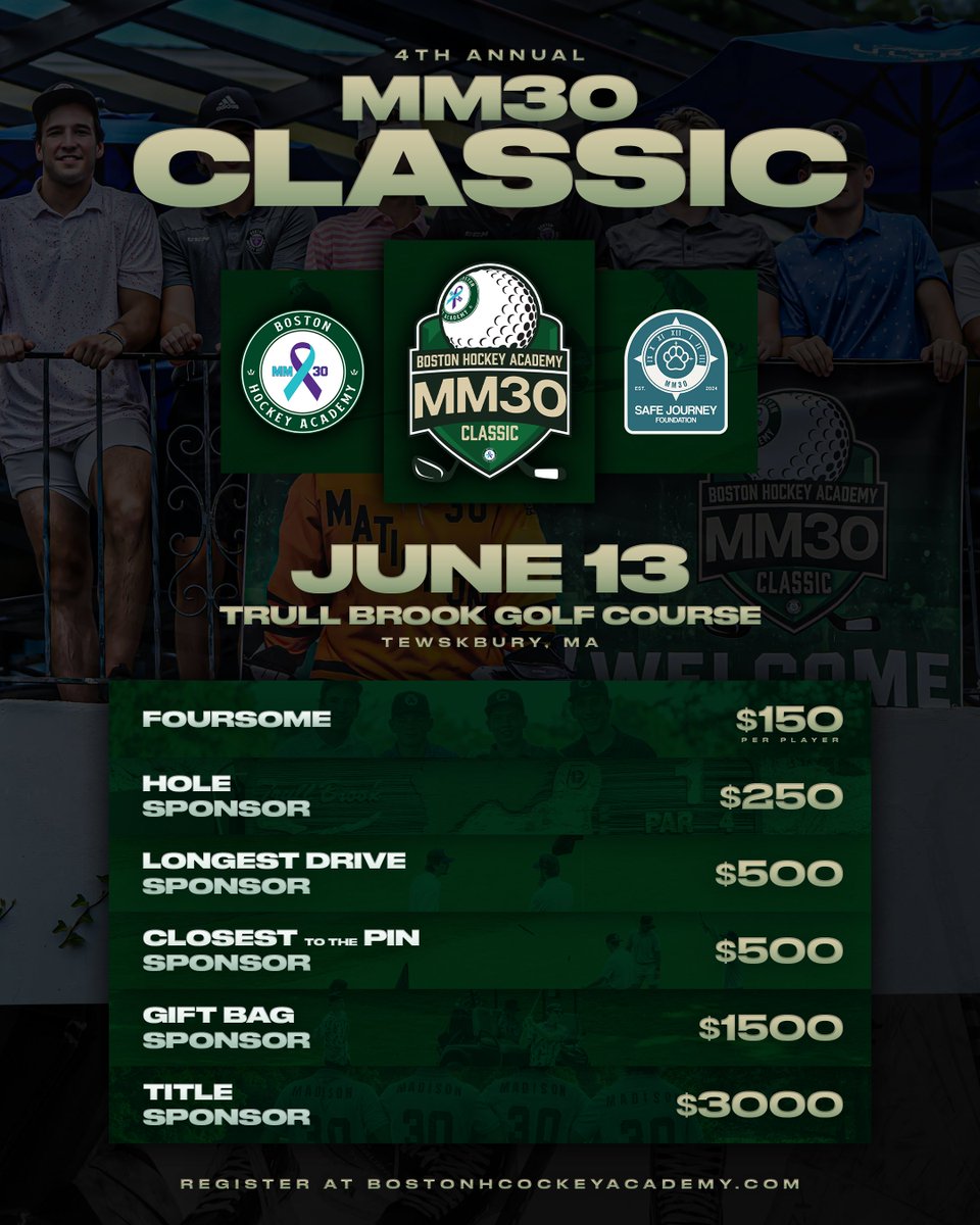 Registration is now open for the MM30 Golf Tournament!! Foursomes and Sponsorships are available!

Registration link here:
bostonhockeyacademy.com/mm30-golf-clas…

#MM30Classic 👑