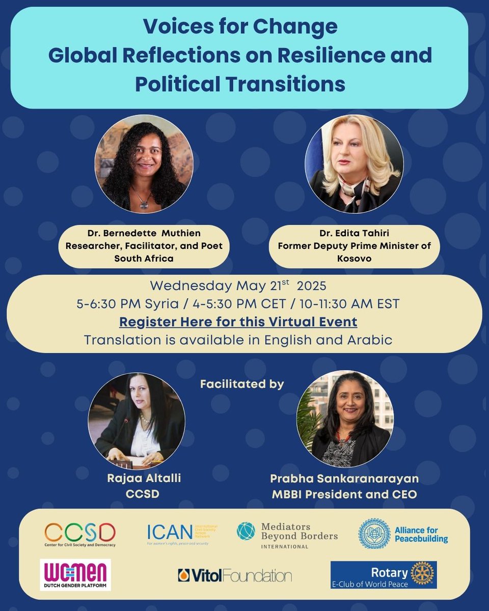 📣 Join us on May 21 for the Voices for Change series as we explore lessons learned from countries that have undergone political transitions. We'll discuss the challenges they faced and how their experiences can inform Syria’s future.

🕙 10-11:30 AM ET
🔗 us02web.zoom.us/j/82224498873
