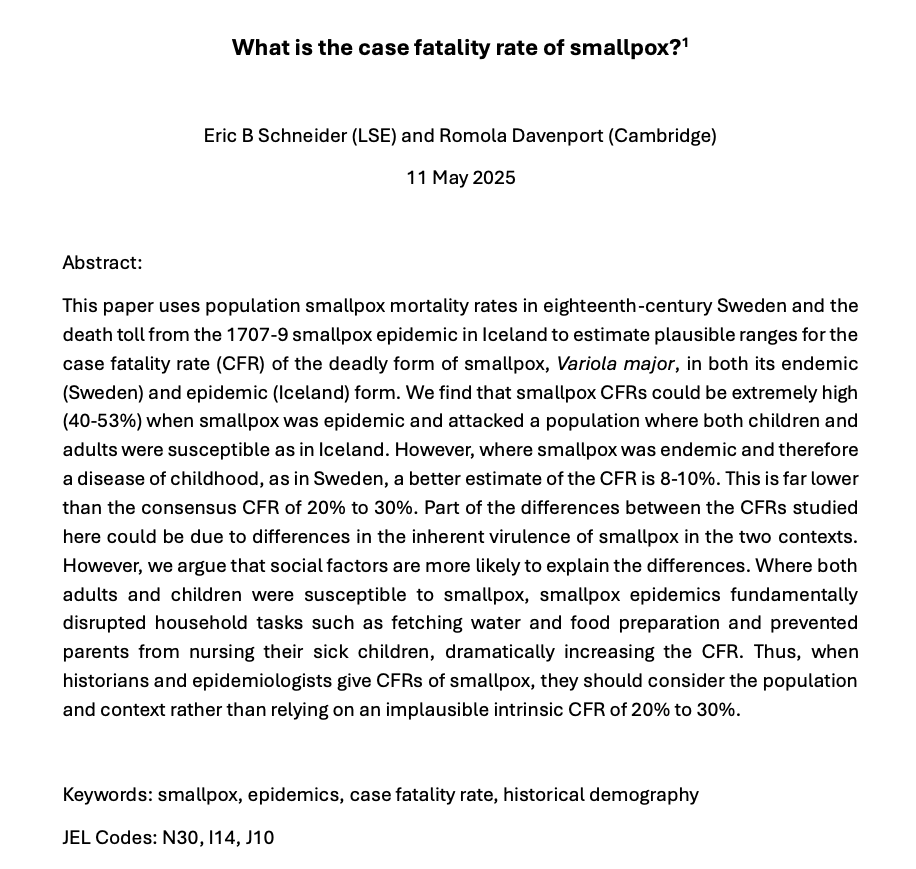 📜NEW WORKING PAPER📜

What was the true case fatality rate (CFR) of smallpox? 

My new paper with Romola Davenport (Cambridge) revisits this question using 18th-century data from Sweden and Iceland—and challenges the long-held belief that smallpox CFRs were 20–30%.  

🧵👇

1/6