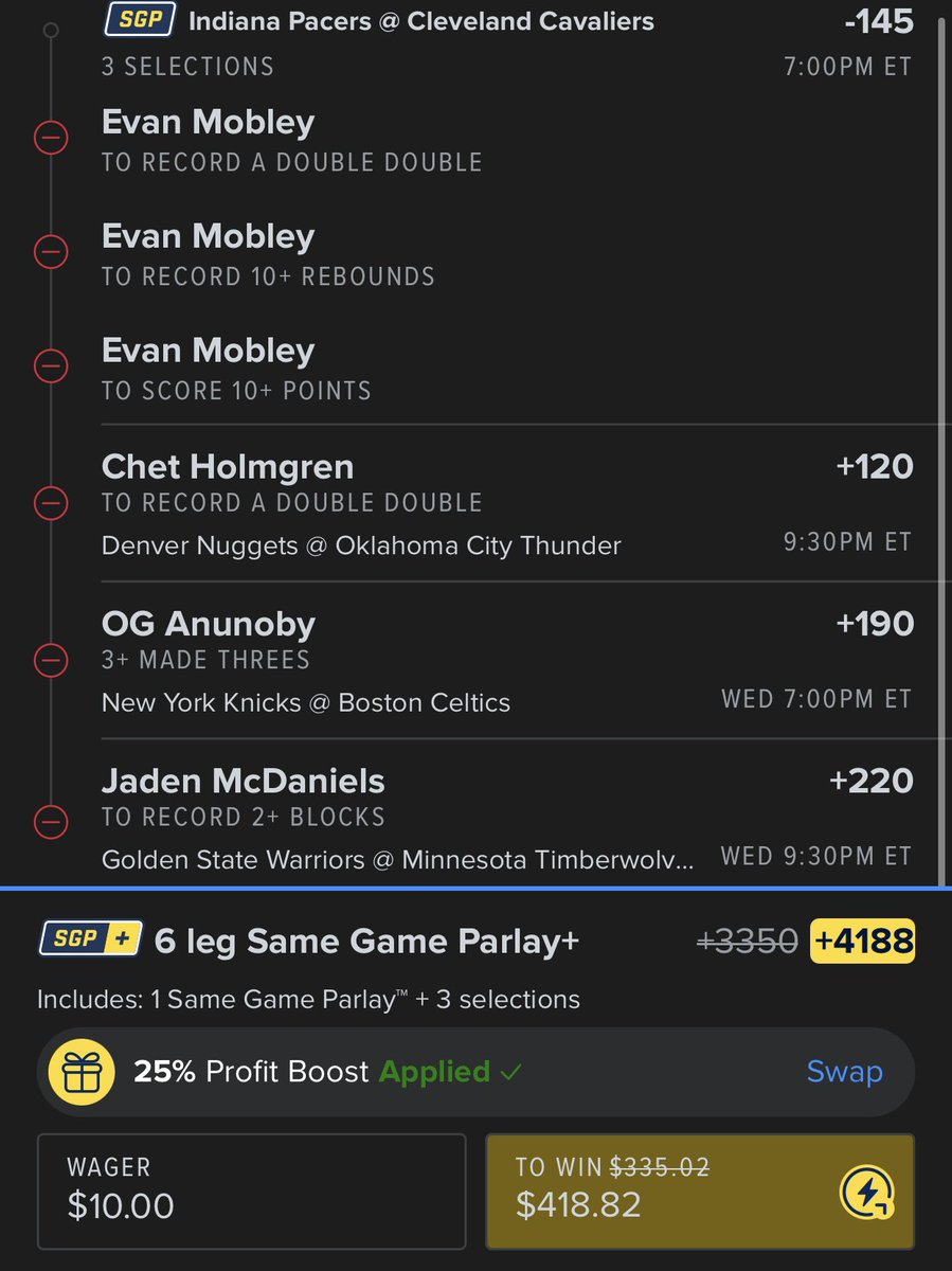 FanDuel - NBA SGP+ 25% Boost +4188

EV: 48.7%
QK: 0.29u

🔗 account.sportsbook.fanduel.com/sportsbook/add…

Going with quite the longshot with FD having some very off the market lines. I’m in for my $10 max.