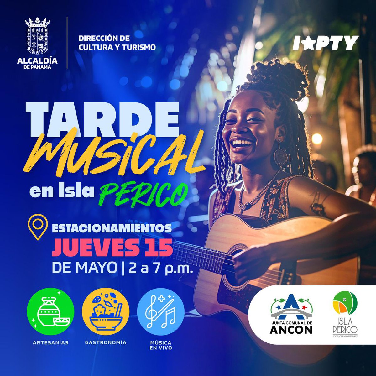 Panamaalcaldia's tweet image. Tarde Musical en Isla Perico
📅 Jueves 15 de mayo | 🕑 2:00 p.m. a 7:00 p.m.
📍 Estacionamientos de Isla Perico
🎶 Música en vivo | 🍽️ Gastronomía | 🛍️ Artesanías
¡Ven a disfrutar en familia! 👨👩👧👦✨