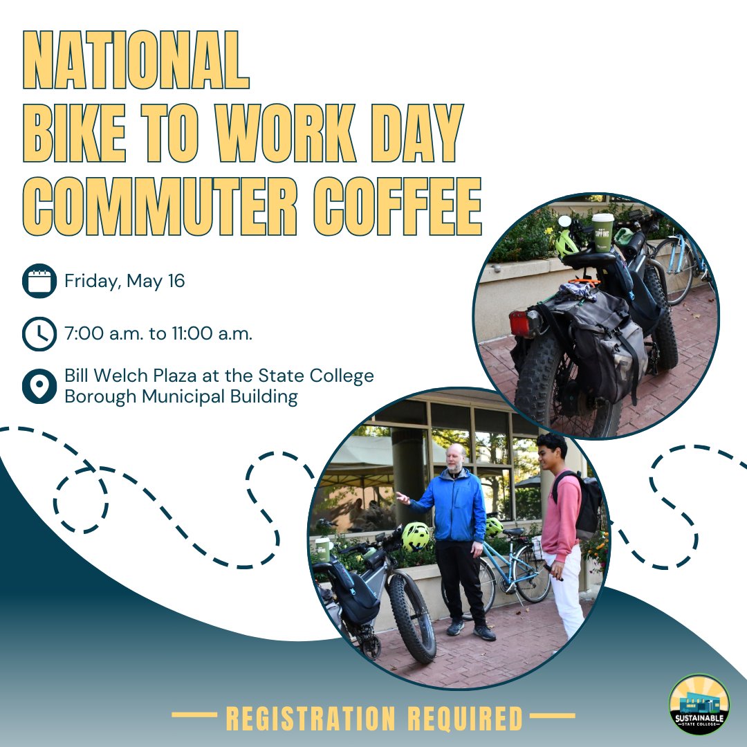 Ride your bike to work or school in the Borough of State College and register to WIN a $50 Freeze Thaw Cycles gift card. Stop by the Bill Welsh Brick Plaza at the State College Borough Municipal Building from 7:00 a.m. – 11:00 a.m. on Friday, May 16.⁠