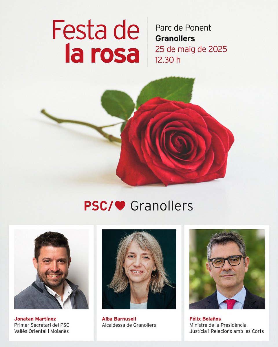 PSC Granollers (@pscgranollers) on Twitter photo Per primer cop a #Granollers celebrem la Festa de la Rosa! 🌹
Amb Joanatan Martínez, Alba Barnusell i <a href="/felixbolanosg/">Félix Bolaños</a>
25 de maig · 12.30 h · Parc de Ponent
📞 Info i tiquets: 673 609 352 / granollers@socialistes.cat
#PSCGranollers #FestaDeLaRosa Per primer cop a #Granollers celebrem la Festa de la Rosa! 🌹
Amb Joanatan Martínez, Alba Barnusell i <a href="/felixbolanosg/">Félix Bolaños</a>
25 de maig · 12.30 h · Parc de Ponent
📞 Info i tiquets: 673 609 352 / granollers@socialistes.cat
#PSCGranollers #FestaDeLaRosa