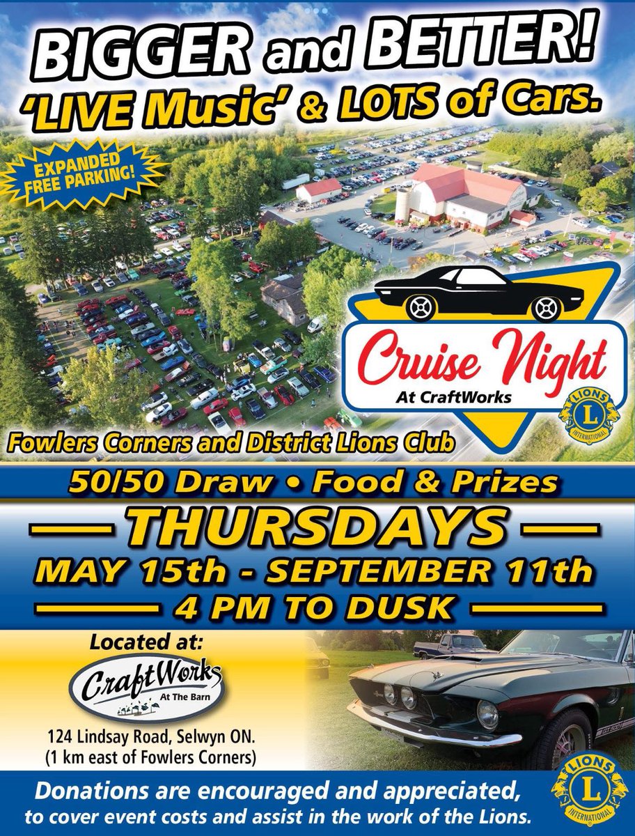 Cruise Nights are back starting this Thursday  at Craftworks. Brought to you by the Fowlers Corners and District Lions Club. #WeServe