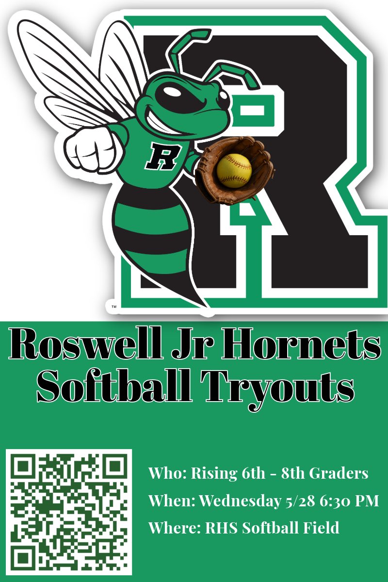 If you’re interested in playing for the Junior Hornet program this upcoming fall — scan the QR code to sign up for tryouts. If you have any questions reach out to Head Coach Jason Gagne. #RoswellSoftball #WeR 🥎