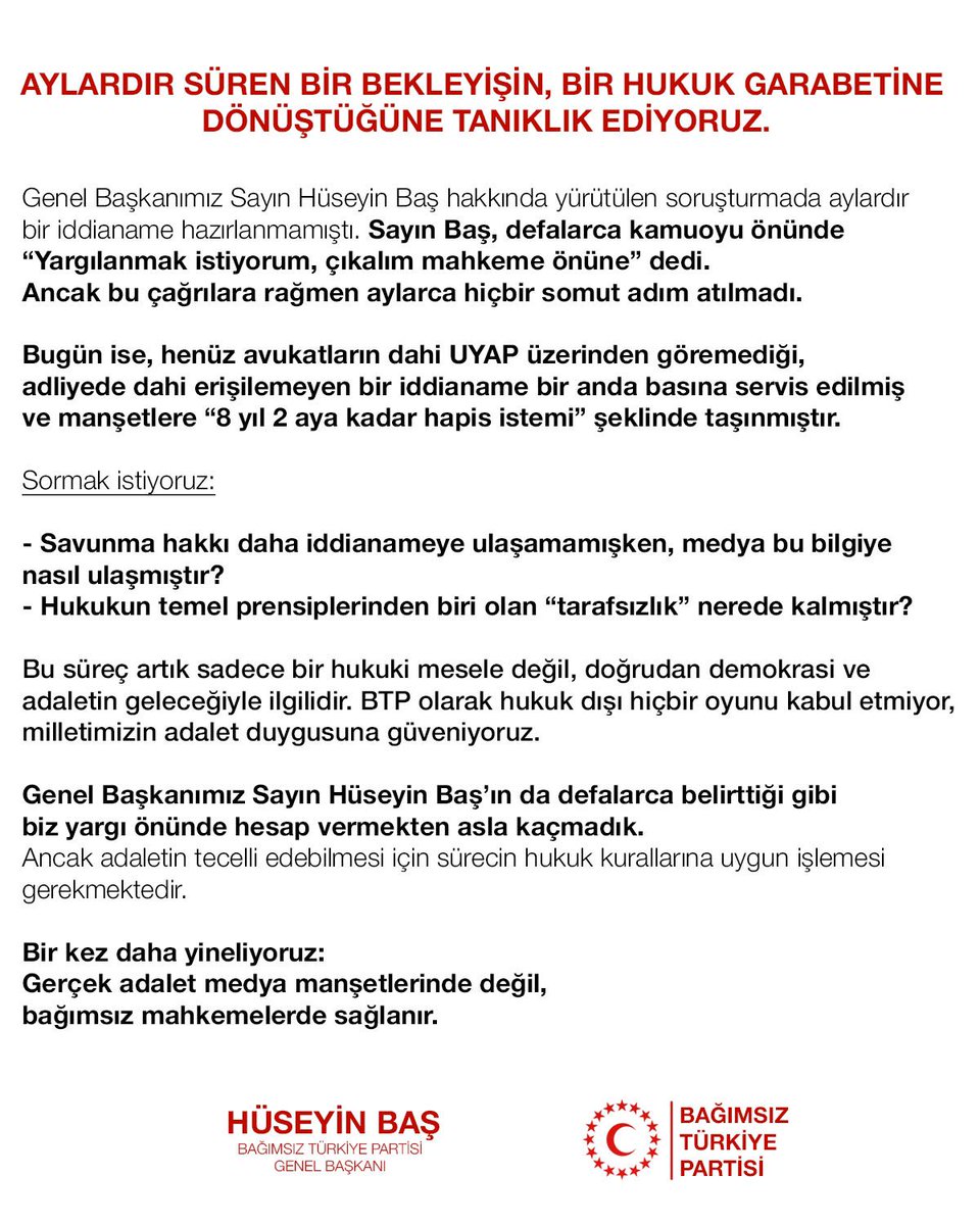 Aylardır ortada resmi bir işlem yok.
Bir anda, mahkemeye bile sunulmamış “ceza istemi” medyaya servis ediliyor.
Bu senaryo tanıdık: önce algı, sonra yargı!
#YanındayızHüseyinBAŞ