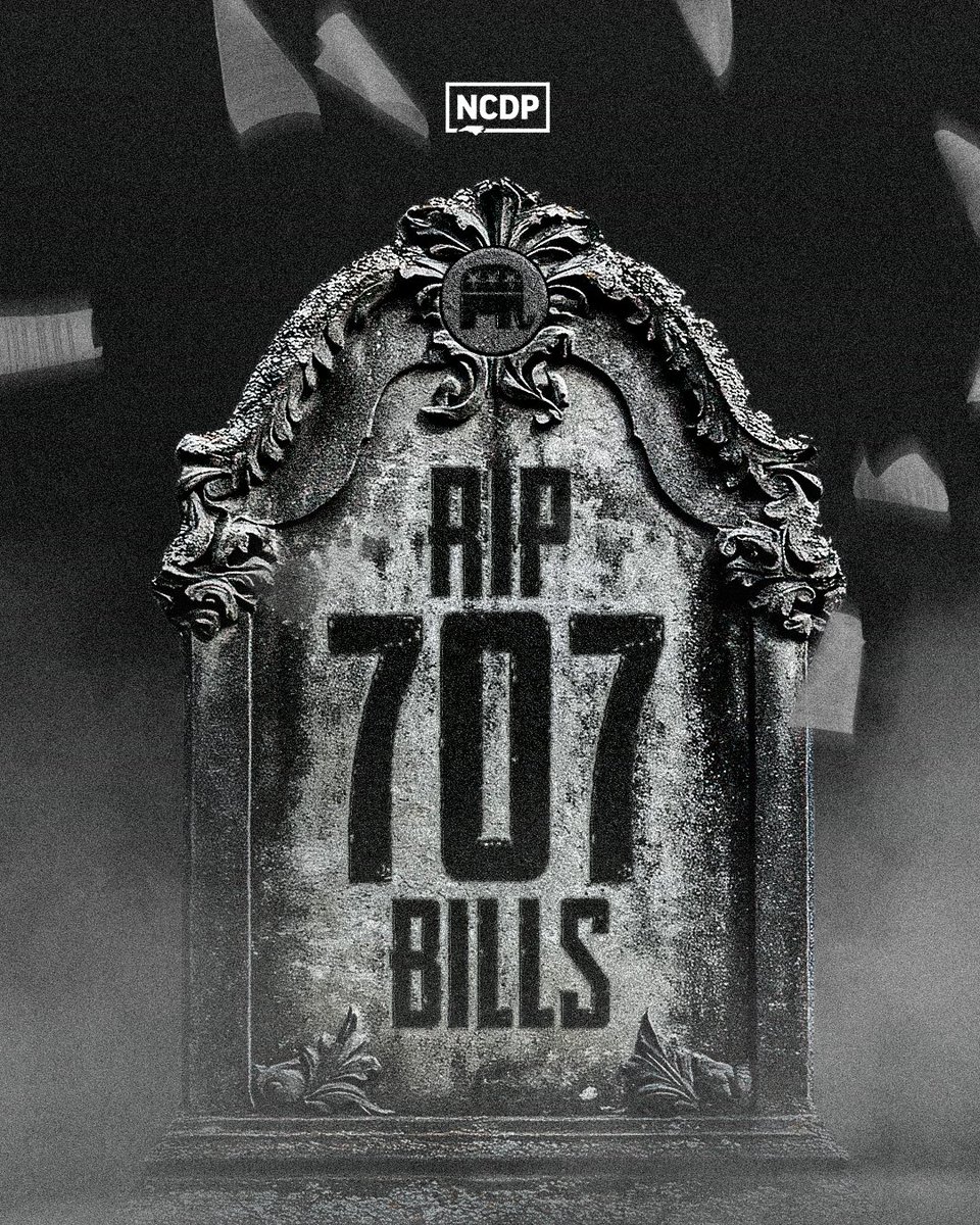 🪦 Here lies one of the most unproductive legislative sessions ever, led by the Republican majority.

707 bills buried without debate including:
🍎 Teacher pay raises
💵 Minimum wage increase
📉 Lowering childcare costs

We deserve better. Next year, elect Democrats to the NCGA.