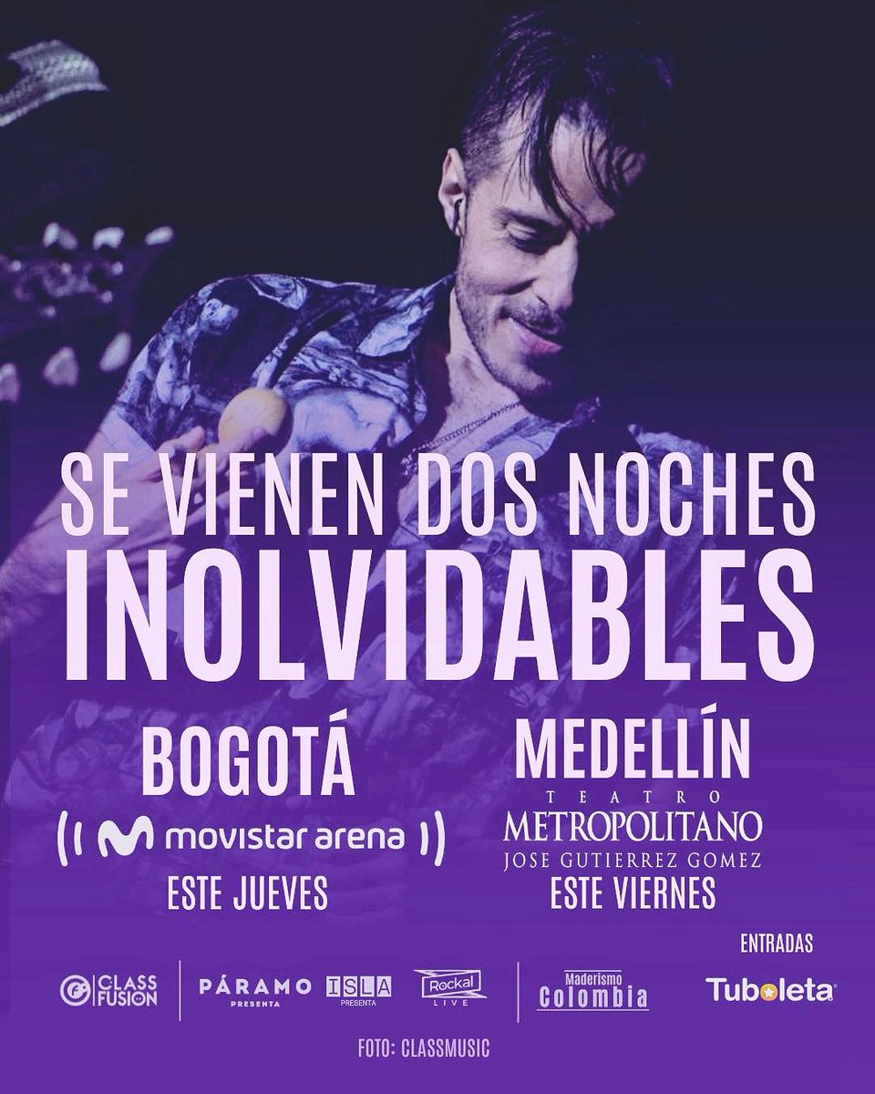 Maderismo Colombia (@maderismo_col) on Twitter photo ¡Prepárate Colombia! 💜🇨🇴
#SarajevoLaGira llega a nuestro país y promete ser un show inolvidable, único y catártico ✨
Nos vemos este jueves, 15 de mayo en el <a href="/MovistarArenaCo/">Movistar Arena Colombia</a> y el viernes, 16 de mayo en el <a href="/tmetropolitano/">Teatro Metropolitano de Medellín</a> 🤘🏻💜
#MaderismoColombiaFC
<a href="/jose_madero/">MADERO</a> <a href="/ClassMusic/">Class Music</a> ¡Prepárate Colombia! 💜🇨🇴
#SarajevoLaGira llega a nuestro país y promete ser un show inolvidable, único y catártico ✨
Nos vemos este jueves, 15 de mayo en el <a href="/MovistarArenaCo/">Movistar Arena Colombia</a> y el viernes, 16 de mayo en el <a href="/tmetropolitano/">Teatro Metropolitano de Medellín</a> 🤘🏻💜
#MaderismoColombiaFC
<a href="/jose_madero/">MADERO</a> <a href="/ClassMusic/">Class Music</a>