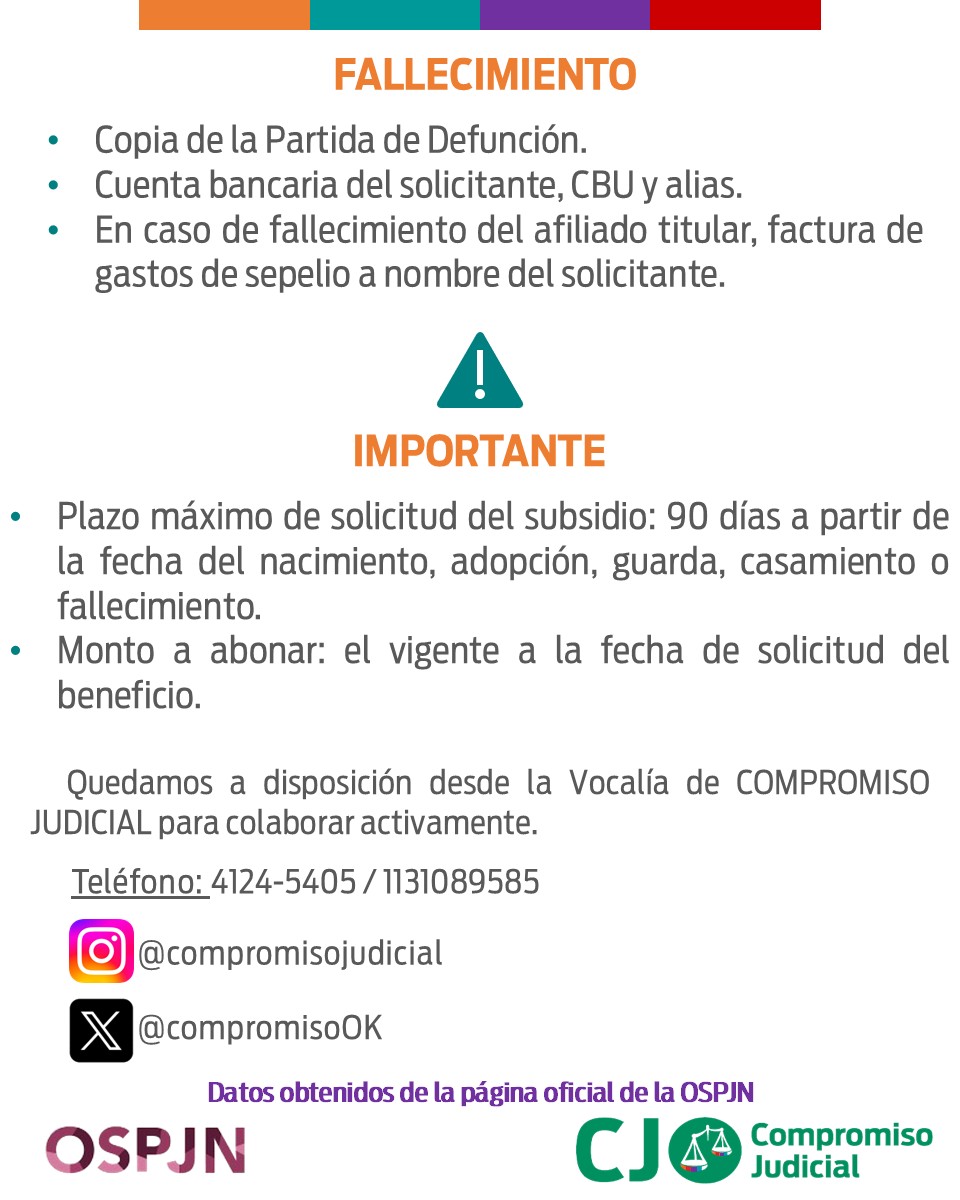 🏛️La OSPJN compartió Información relevante para sobre la actualización de los subsidios y la simplificación del trámite.

ℹ️MONTOS ACTUALIZADOS
📌Nacimiento/Guarda con fines de adopción/Adopción: $200.000
📌Subsidio por fallecimiento: $180.000
📌Subsidio por matrimonio: $50.000