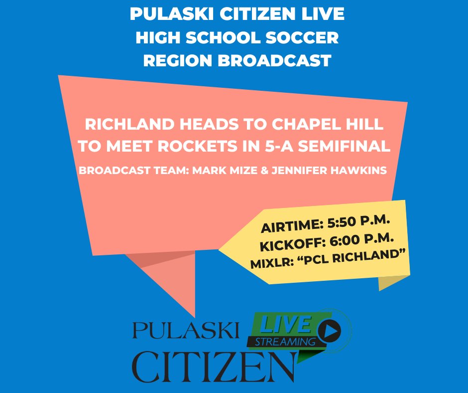 Pulaski Citizen Sports/Pulaski Citizen Live (@pcsportspage) on Twitter photo We've got you covered tonight with a live broadcast of <a href="/Richland1978/">Richland High School Athletics</a> soccer at Forrest in the Region 5-A semis.
Mark Mize and Jennifer Hawkins have your call this evening in Chapel Hill.
📻: pcl-richland.mixlr.com We've got you covered tonight with a live broadcast of <a href="/Richland1978/">Richland High School Athletics</a> soccer at Forrest in the Region 5-A semis.
Mark Mize and Jennifer Hawkins have your call this evening in Chapel Hill.
📻: pcl-richland.mixlr.com