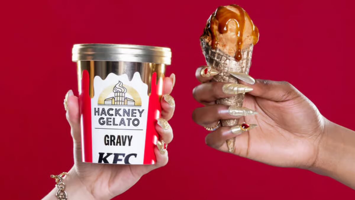 KFC is likely launching a gravy-flavored gelato with Hackney Gelato, featuring peppercorn and chicken notes. It’s available online only from May 15, 2025, at 1pm, for £5.50 (~$7.00 USD) per 460ml tub. All proceeds support the KFC Youth Foundation. Stocks are limited, so act fast.
