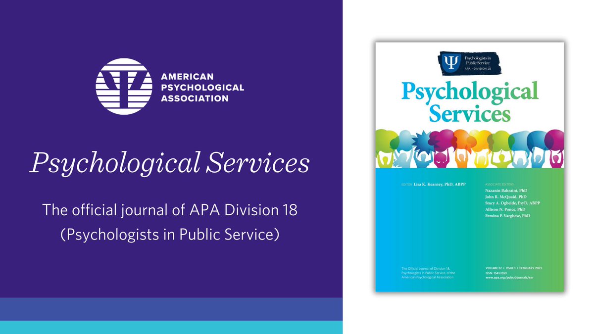 APA Journals (@apa_journals) on Twitter photo Psychological Services welcomes submissions on psych services delivered in organized care settings such as jails, prisons, the military, Dept. of Veterans Affairs, training hospitals, and public university clinics. Learn more! bit.ly/4j9pqXL <a href="/apadiv18/">apadiv18</a> <a href="/Div18VASection/">APA Division 18 Veterans Affairs Section</a> Psychological Services welcomes submissions on psych services delivered in organized care settings such as jails, prisons, the military, Dept. of Veterans Affairs, training hospitals, and public university clinics. Learn more! bit.ly/4j9pqXL <a href="/apadiv18/">apadiv18</a> <a href="/Div18VASection/">APA Division 18 Veterans Affairs Section</a>