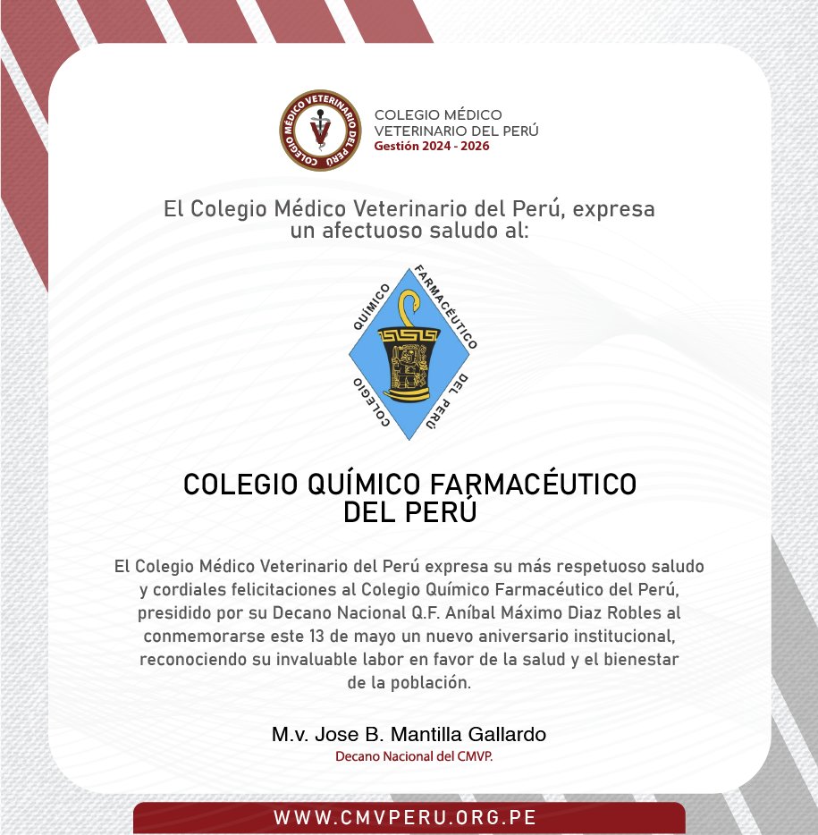 𝐒𝐀𝐋𝐔𝐃𝐎 𝐈𝐍𝐒𝐓𝐈𝐓𝐔𝐂𝐈𝐎𝐍𝐀𝐋
El Colegio Médico Veterinario del Perú, presidido por su Decano Nacional, M.V. José Mantilla Gallardo, saluda con especial reconocimiento al <a href="/Colegio/">colegiodemonjas</a> Químico Farmacéutico del Perú  en el día del Químico Farmacéutico Peruano, hoy 13 de mayo.
