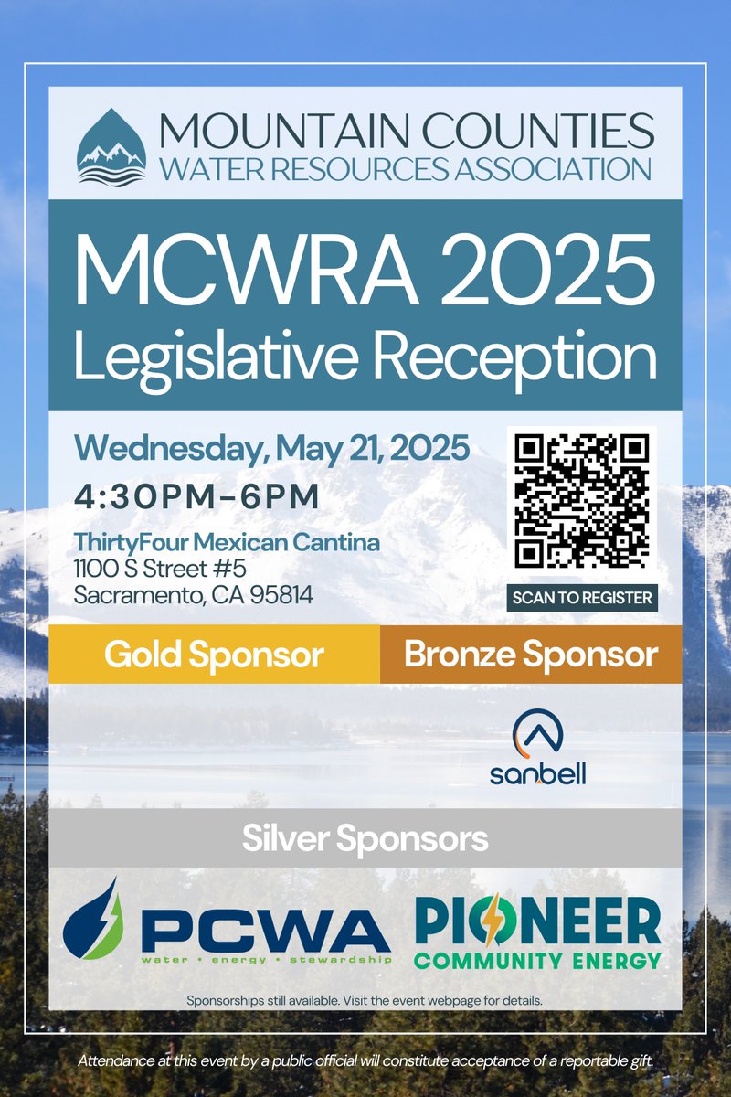 JOIN US: MCWRA 2025 Legislative Reception

The Mountain Counties Water Resources Association (MCWRA) invites you to our 2025 Legislative Reception—an evening dedicated to connection, collaboration, and advocacy for the Sierra Nevada region. 

mountaincountieswater.com