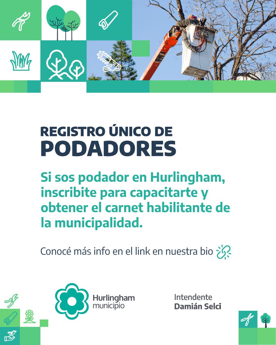 MuniHurlingham's tweet image. SUMATE AL REGISTRO ÚNICO DE PODADORES 🌳

🛠️ ¿Ofrecés y brindás servicios privados de poda dentro de Hurlingham?
Inscribite y formalizá tu actividad con el respaldo del municipio. Vas a recibir una capacitación y una certificación otorgada por la municipalidad .