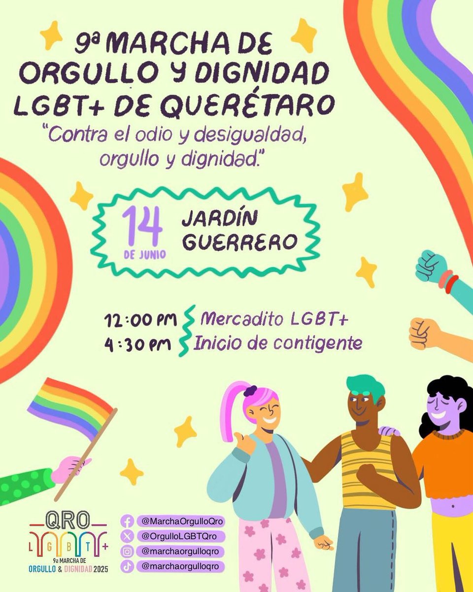 PrideQueretaro's tweet photo. ¿Ya están listxs? 💫🏳️‍🌈🙌🏻
9a Marcha de Orgullo y Dignidad LGBT+ #Queretaro 

Organiza:@OrgulloLGBTQro https://t.co/gWvPkrxz0Q