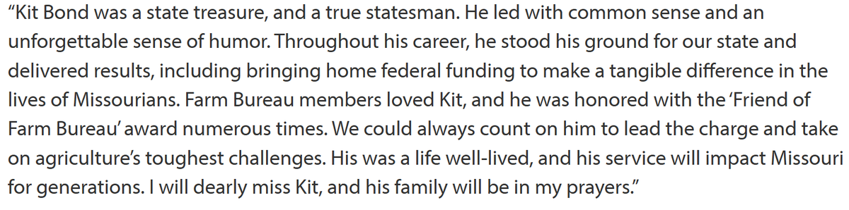 #MOFB President <a href="/JGarrettHawkins/">Garrett Hawkins</a> issued the following statement following the passing of former Missouri governor and U.S. Senator Kit Bond.
#missourifarmbureau