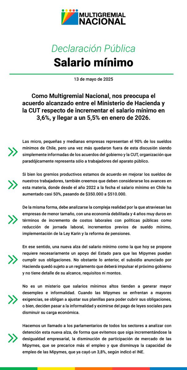 [Declaración Pública] Aumento del salario mínimo: Urge considerar a las Mipymes

Desde la Multigremial Nacional expresamos nuestra preocupación por el acuerdo entre <a href="/Min_Hacienda/">Ministerio de Hacienda</a> y la <a href="/Cutchile/">CUT Chile ✍️🗳</a> para aumentar el salario mínimo, sin incluir la realidad de las Mipymes, responsables