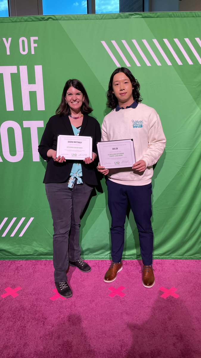 Congrats to our UND chemistry student recipients of the Lillian Elsinga Outstanding Leadership Award! 
Eugene Oga
Herbert Che Mughe
Autumn Landwehr
Treyton Price
Ian Lin
Shaina Mattingly was awarded an "Outstanding Advisor Award" for the Undergraduate Chemistry Club!
#UNDproud