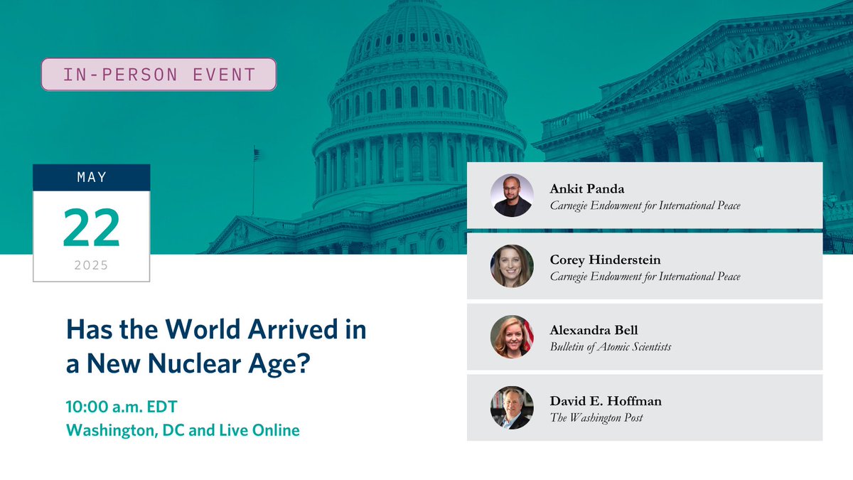 Carnegie Endowment (@carnegieendow) on Twitter photo Event: Has the World Arrived in a New Nuclear Age?
With Russia threatening nuclear strikes, China and North Korea continuing to grow their arsenals, and new prospects for proliferation, are we in a new nuclear age?
<a href="/nktpnd/">Ankit Panda</a> discusses this question–the focus of his new book–with Event: Has the World Arrived in a New Nuclear Age?
With Russia threatening nuclear strikes, China and North Korea continuing to grow their arsenals, and new prospects for proliferation, are we in a new nuclear age?
<a href="/nktpnd/">Ankit Panda</a> discusses this question–the focus of his new book–with
