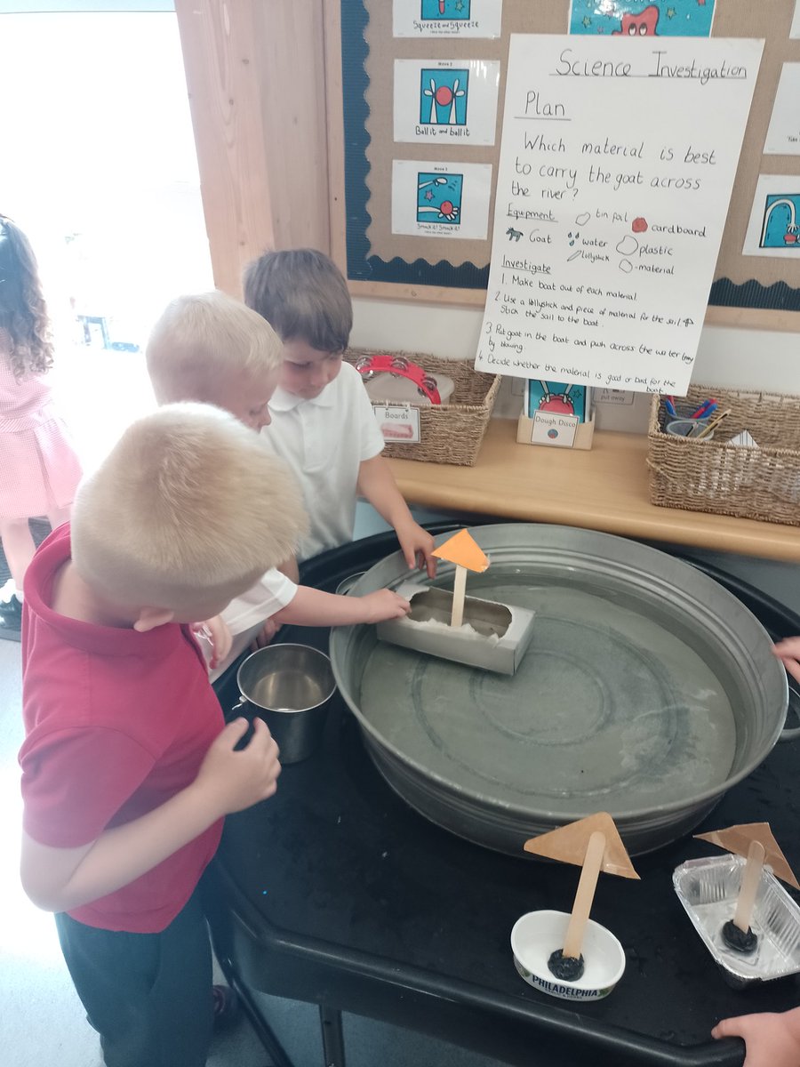 Maybury_F2's tweet photo. This week in our Science investigation we explored materials. We made 3 boats from different materials and discussed which was best to keep the toy goat dry and why. We took turns in groups to share our conclusions. ⛵ 💬@HumberEdTrust @Maybury_School https://t.co/OoysE8FILI