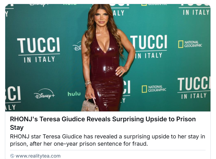 BrightlyAgain's tweet image. Reality Tea
RHONJ's Teresa Giudice Reveals Surprising Upside to Prison Stay

#RHONJ #plank #clown

realitytea.com/2025/05/13/rho…
