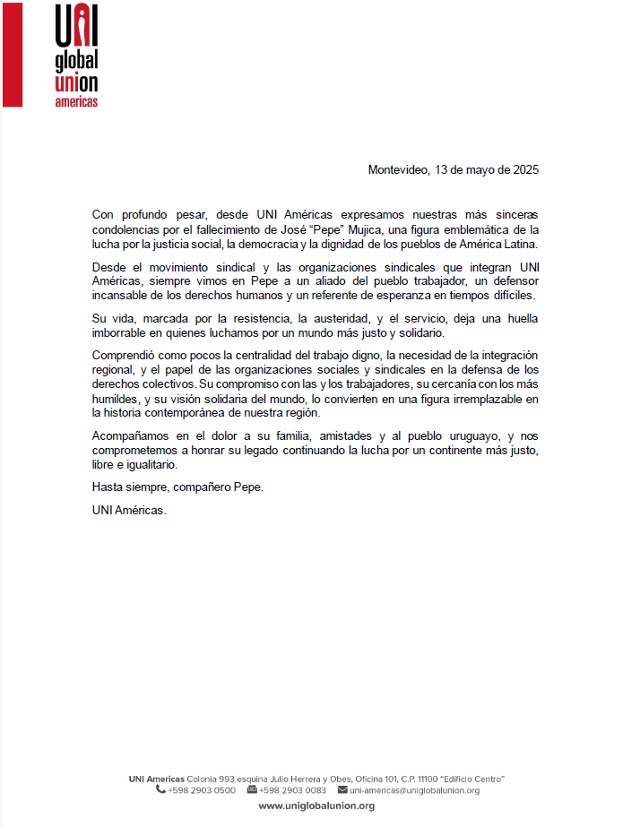 uniamericas's tweet photo. 🇺🇾Desde UNI Américas, siempre vimos en Pepe a un aliado del pueblo trabajador, un defensor incansable de los derechos humanos y un referente de esperanza en tiempos difíciles.

Nos deja un legado inmenso de humildad y compromiso con los pueblos. 

¡Hasta siempre, compañero Pepe! https://t.co/O1ukrZFxXt