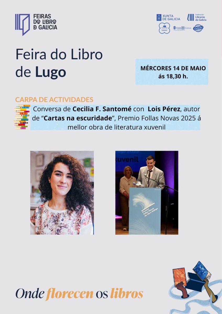Este mércores, 14 de maio, <a href="/Loisperezdiaz/">Lois Pérez</a> conversa con <a href="/Ce_FerSan/">Cecilia F. Santomé</a> sobre #CartasNaEscuridade, #PremioMaríaVictoriaMoreno #PremioFollasNovasMellorLibroXuvenil