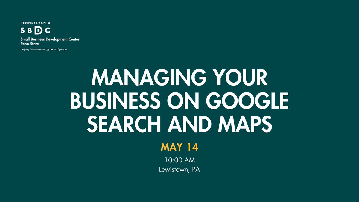 Wondering how to get  more customers to find your business on Google Search and Maps? Join us May 14 at 10:00 AM in Lewistown, PA, for a workshop on optimizing your Google Business Profile to boost visibility and growth.

Register today! pasbdc.ecenterdirect.com/events/32423