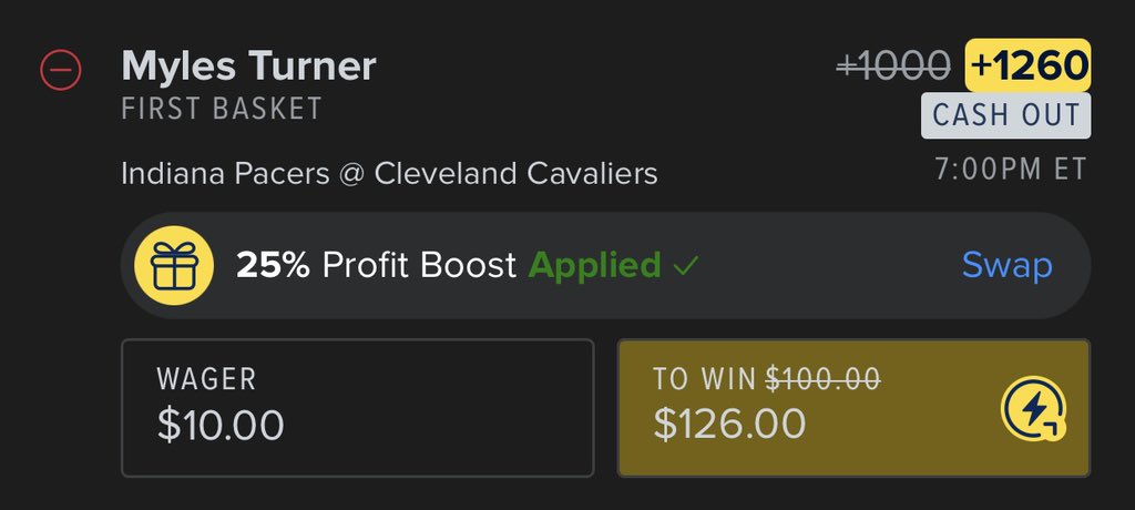 FanDuel - Cleveland Cavaliers 25% Boost
Myles Turner 1st Basket +1000 ➡️ +1260

EV: 30.9%
QK: 0.61u

🔗 account.sportsbook.fanduel.com/sportsbook/add…

FD best price on the market. Some of the offshores somewhat agree with FD but most books have this +750 or shorter. Devig to DK +750. I’m in for my $10