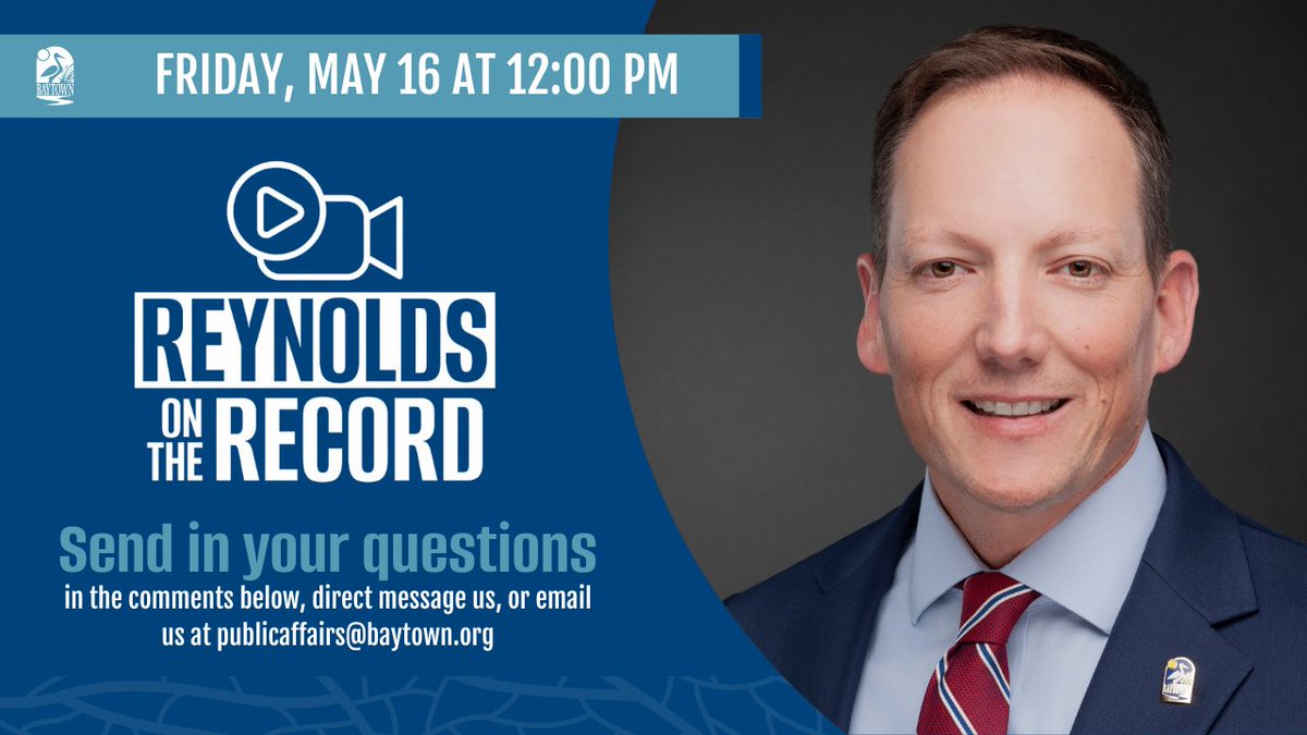 City of Baytown, TX (@cityofbaytown) on Twitter photo Got questions about Baytown? Ask City Manager Jason Reynolds in our Baytown Breakdown: Reynolds on the Record series!
Send questions to publicaffairs@baytown.org or drop them in the comments.
Join us live on Facebook — Friday, May 16 at 12 PM! Got questions about Baytown? Ask City Manager Jason Reynolds in our Baytown Breakdown: Reynolds on the Record series!
Send questions to publicaffairs@baytown.org or drop them in the comments.
Join us live on Facebook — Friday, May 16 at 12 PM!