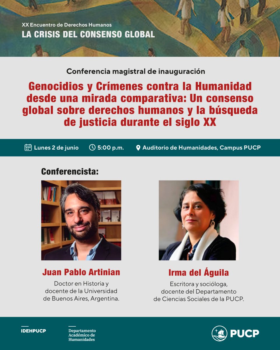 IDEHPUCP (@idehpucp) on Twitter photo ✨ Inauguramos el XX Encuentro de Derechos Humanos con una conferencia magistral impartida por el historiador argentino Juan Pablo Artinian (<a href="/JPArtinian/">Juan Pablo Artinian</a>).
📍 Auditorio de Humanidades PUCP
🕕 6 p.m.
🎟️ Ingreso libre previa inscripción
🔗 Inscríbete aquí: shorturl.at/xE69W ✨ Inauguramos el XX Encuentro de Derechos Humanos con una conferencia magistral impartida por el historiador argentino Juan Pablo Artinian (<a href="/JPArtinian/">Juan Pablo Artinian</a>).
📍 Auditorio de Humanidades PUCP
🕕 6 p.m.
🎟️ Ingreso libre previa inscripción
🔗 Inscríbete aquí: shorturl.at/xE69W