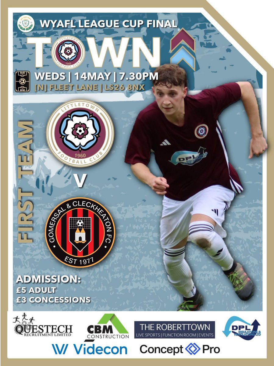 Littletown FC (@littletownfc) on Twitter photo NEARLY THERE NOW!
West Yorkshire League Cup Final tomorrow night Vs <a href="/GomersalCleckFC/">Gomersal & Cleckheaton 1st Team</a> at County HQ.
After losing in the final last season, the lads will be doing all they can to make sure the silverware comes back to Beck Kane.
Come out and support the lads!
#UTT
⚽️❤️ NEARLY THERE NOW!
West Yorkshire League Cup Final tomorrow night Vs <a href="/GomersalCleckFC/">Gomersal & Cleckheaton 1st Team</a> at County HQ.
After losing in the final last season, the lads will be doing all they can to make sure the silverware comes back to Beck Kane.
Come out and support the lads!
#UTT
⚽️❤️