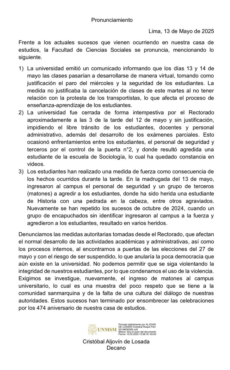 Otra vez, actos de violencia por parte de matones en UNMSM. Eso debe parar y el diálogo democrático es lo que debe imperar.