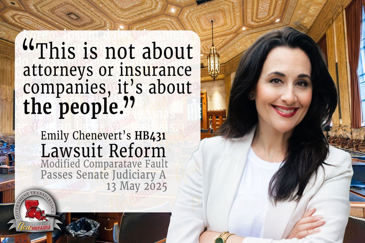 Citizens for a New Louisiana (@newlouisiana) on Twitter photo Moments ago, .<a href="/emilymchenevert/">Emily M. Chenevert</a>'s HB431 lawsuit reform (Modified Comparative Fault) passed the Senate Judiciary A committee and moved to the Senate Floor. 🔥 Moments ago, .<a href="/emilymchenevert/">Emily M. Chenevert</a>'s HB431 lawsuit reform (Modified Comparative Fault) passed the Senate Judiciary A committee and moved to the Senate Floor. 🔥
