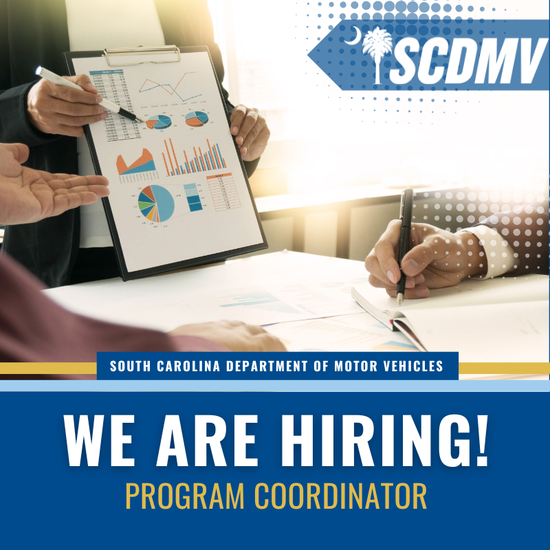 The #SCDMV is hiring a Program Coordinator at our Blythewood headquarters. 
Apply today to join our #SCDMVteam and get great benefits! See the qualifications and job description along with all our other openings at: governmentjobs.com/careers/sc/dmv
#SCDMVonline #SCDMVcareers #joinSCDMV