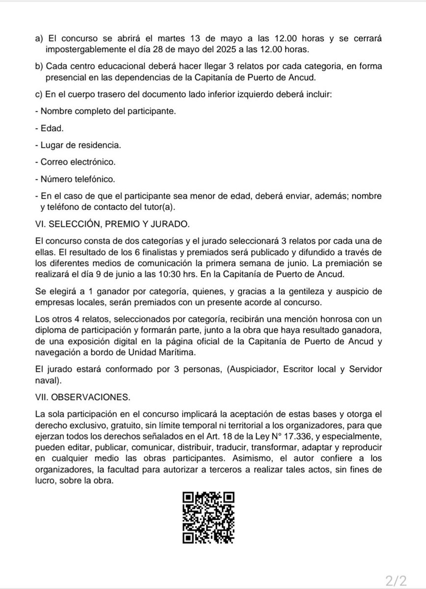 ANCUD - ALERTA DE CONCURSO !!!
Concursos Escolares Literarios y de Pintura, en Conmemoración a los 146 años del Combate Naval de Iquique y Punta Gruesa.
Aquí las Bases.