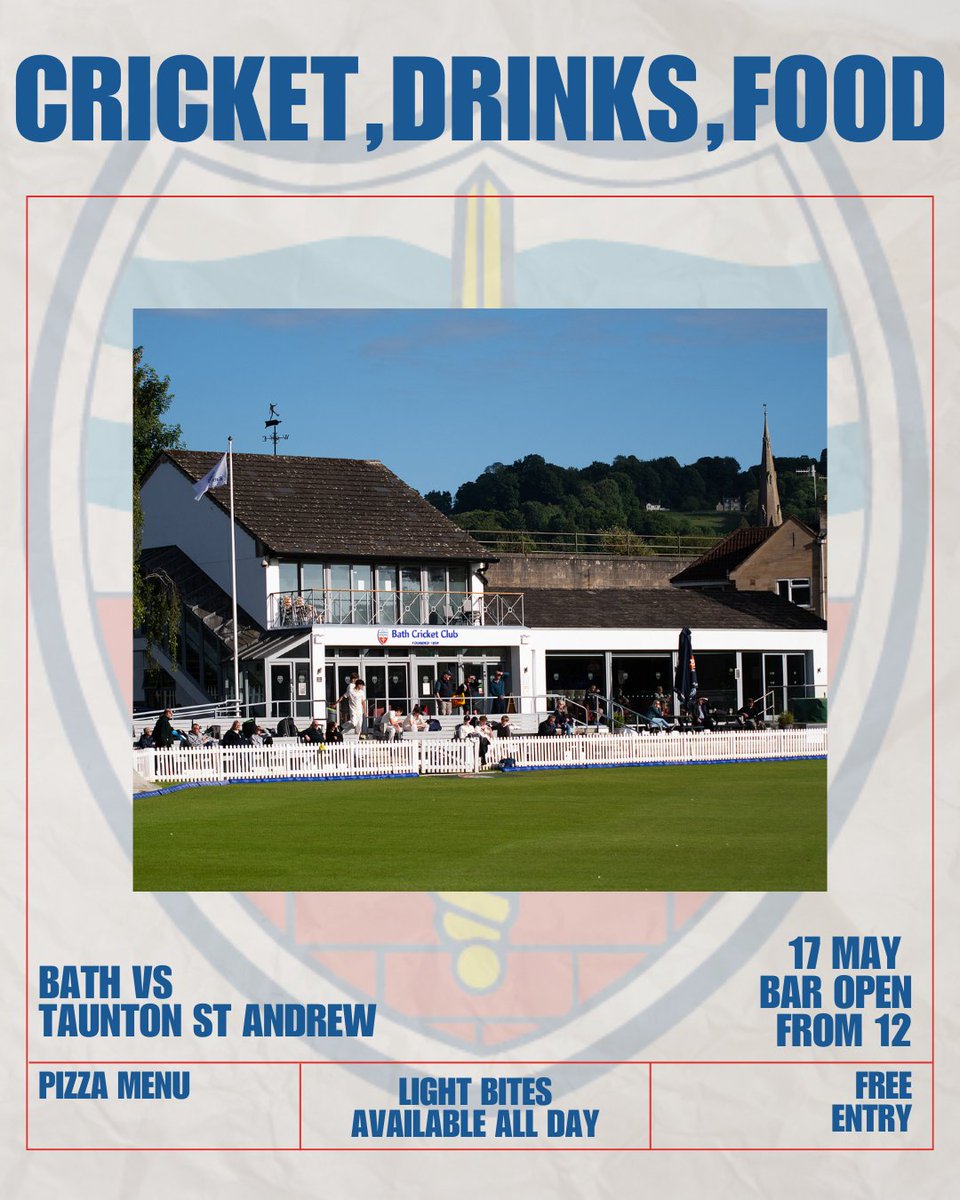 Cricket, Drinks, Food

🏏 Bath vs Taunton St Andrew
📆 17th May
⏰ Bar Open from 12
🌯 Light Bites available all day
🍕 Pizza Menu