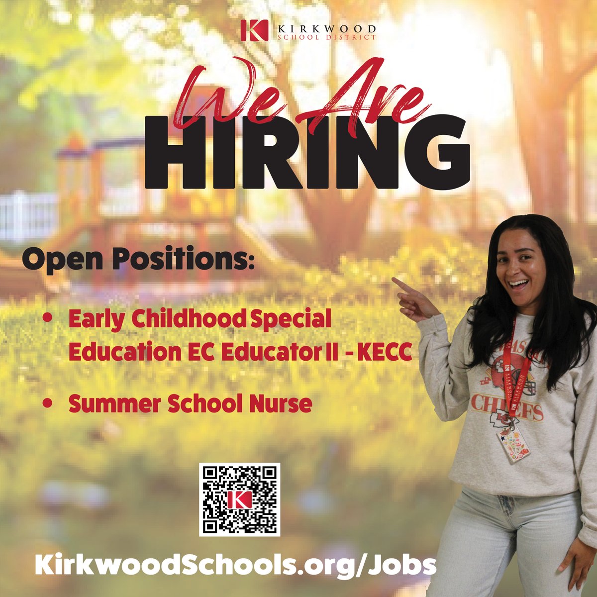 The Kirkwood School District is now hiring, visit kirkwoodschools.org/jobs for more information.