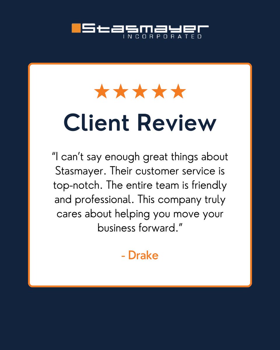 Drake had amazing things to share about Stasmayer! 🌟 Friendly, professional, and truly invested in helping businesses grow—that's what we're all about. 
  
Curious what others are saying? Check it out! 

843.612.1206 | stasmayer.com