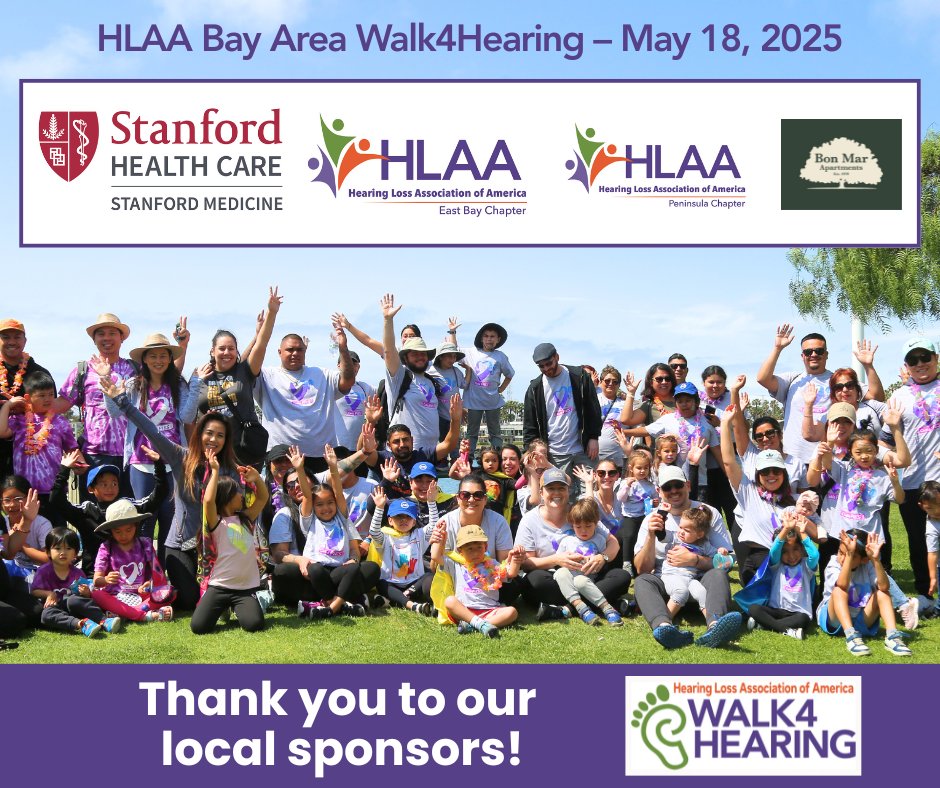 Walk4Hearing (@walk4hearing) on Twitter photo 💜Thanks to local sponsors of the Bay Area (CA) <a href="/HLAA/">Hearing Loss Assoc.</a> #Walk4Hearing May 18! We're grateful for your support of #HearingHealth awareness & #HLAA's nationwide community of support in action. 👣
Stanford Health Care
HLAA East Bay Chapter
HLAA Peninsula Chapter
Bon Mar Apartments 💜Thanks to local sponsors of the Bay Area (CA) <a href="/HLAA/">Hearing Loss Assoc.</a> #Walk4Hearing May 18! We're grateful for your support of #HearingHealth awareness & #HLAA's nationwide community of support in action. 👣
Stanford Health Care
HLAA East Bay Chapter
HLAA Peninsula Chapter
Bon Mar Apartments