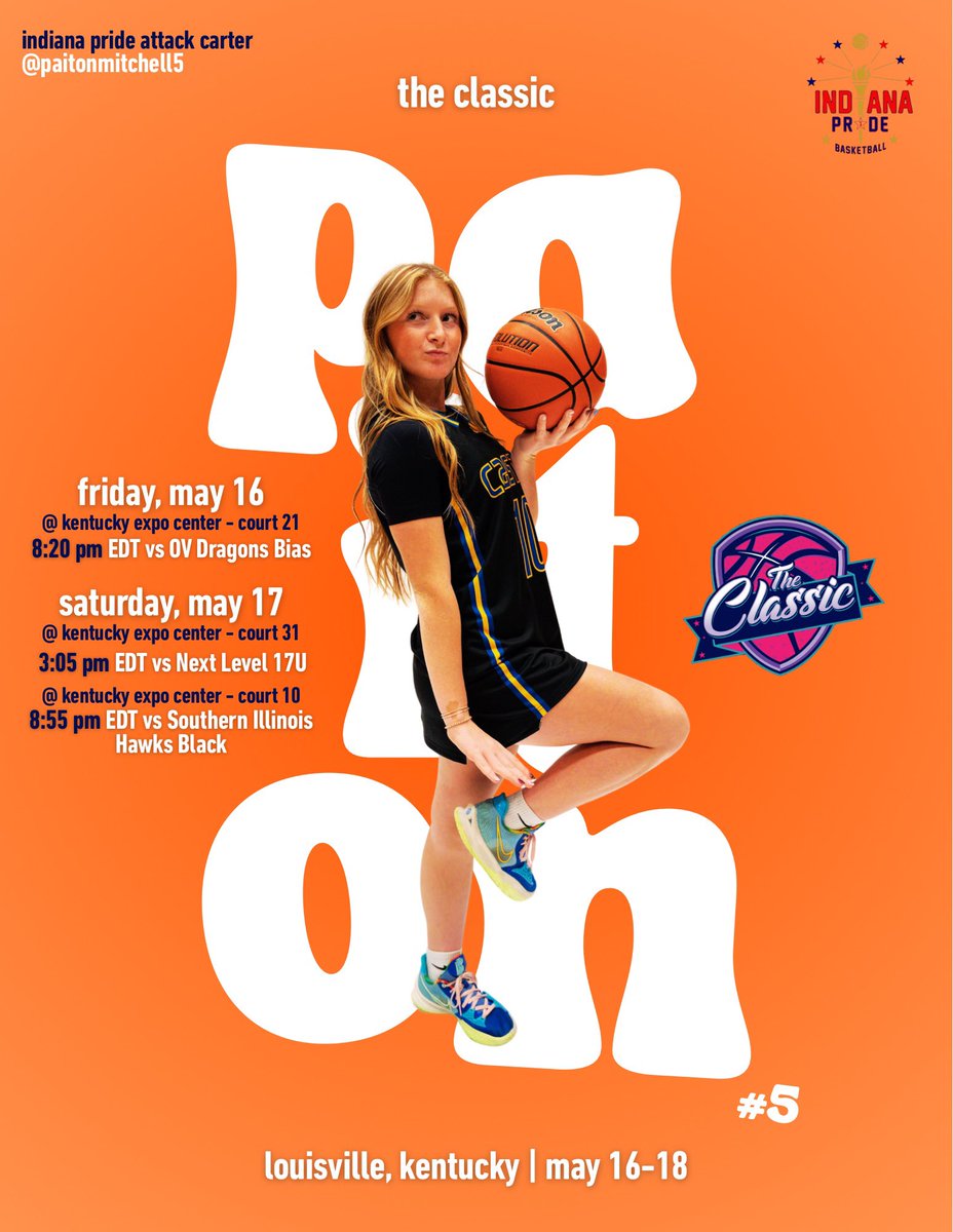 Paiton Mitchell (@paitonmitchell5) on Twitter photo Looking forward to #TheClassic live event this weekend! Here is my schedule ⬇️
<a href="/InPrideBBClub/">Indiana Pride Basketball</a> <a href="/InPrideAttack/">In Pride Attack 17u</a> <a href="/cbmeadow/">Charlie Meadows</a> <a href="/coachroncarter/">CoachRonCarter</a> <a href="/CoachTRail/">Sam Terrell</a> <a href="/CastleGBasketb1/">@CastleG_Basketball</a> Looking forward to #TheClassic live event this weekend! Here is my schedule ⬇️
<a href="/InPrideBBClub/">Indiana Pride Basketball</a> <a href="/InPrideAttack/">In Pride Attack 17u</a> <a href="/cbmeadow/">Charlie Meadows</a> <a href="/coachroncarter/">CoachRonCarter</a> <a href="/CoachTRail/">Sam Terrell</a> <a href="/CastleGBasketb1/">@CastleG_Basketball</a>