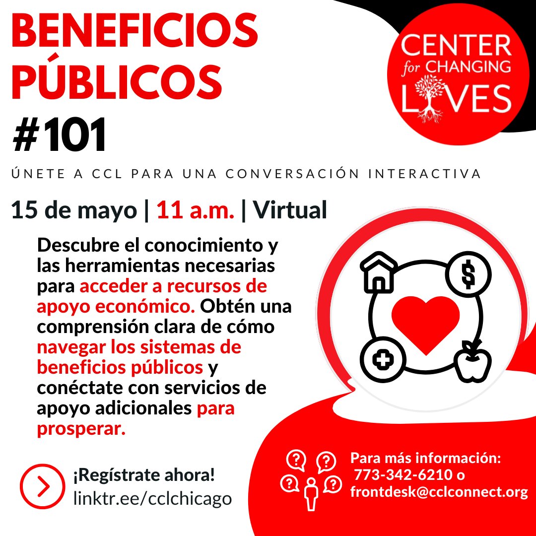 ¿Tienes curiosidad sobre cómo los beneficios públicos pueden apoyar tus metas?
🗓️ ¡Acompáñanos este jueves 15 de mayo a las 11 a.m. (virtual)!
💻 Aprende a navegar el sistema y accede a recursos de apoyo económico.
🔗 ¡Inscríbete hoy en linktr.ee/cclchicago!