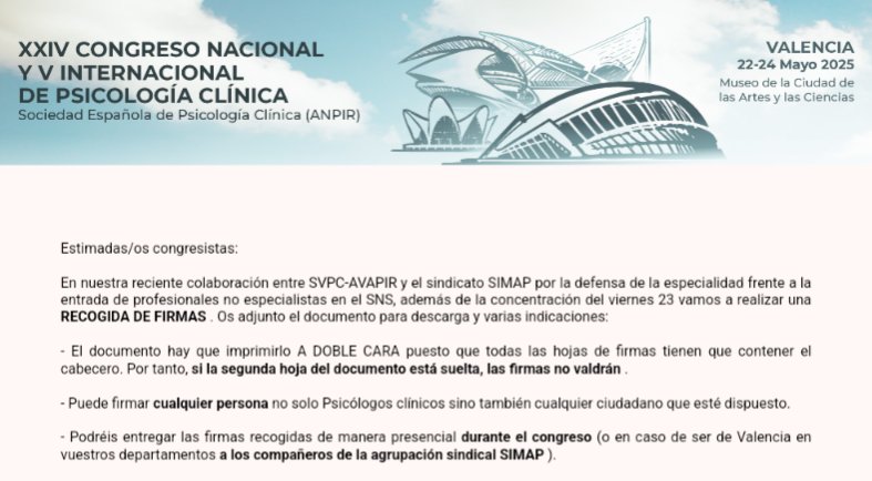 En nuestra reciente colaboración entre SVPC-AVAPIR y el sindicato SIMAP por la defensa de la especialidad frente a la entrada de profesionales no especialistas en el SNS, además de la concentración del viernes 23 vamos a realizar una RECOGIDA DE Firmas 1/4